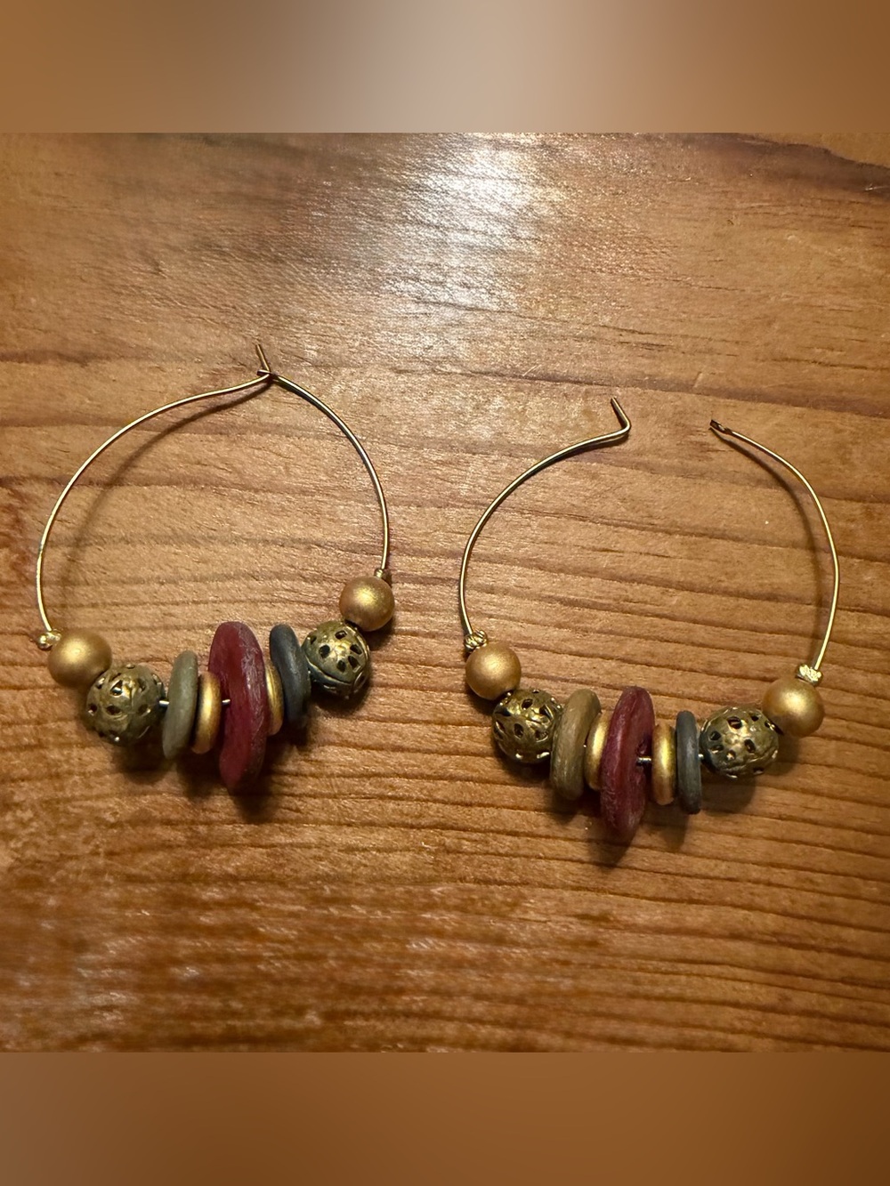 Vintage 90s Boho chic Earthy Tribal Beaded Hoop Earrings wood and mix metal